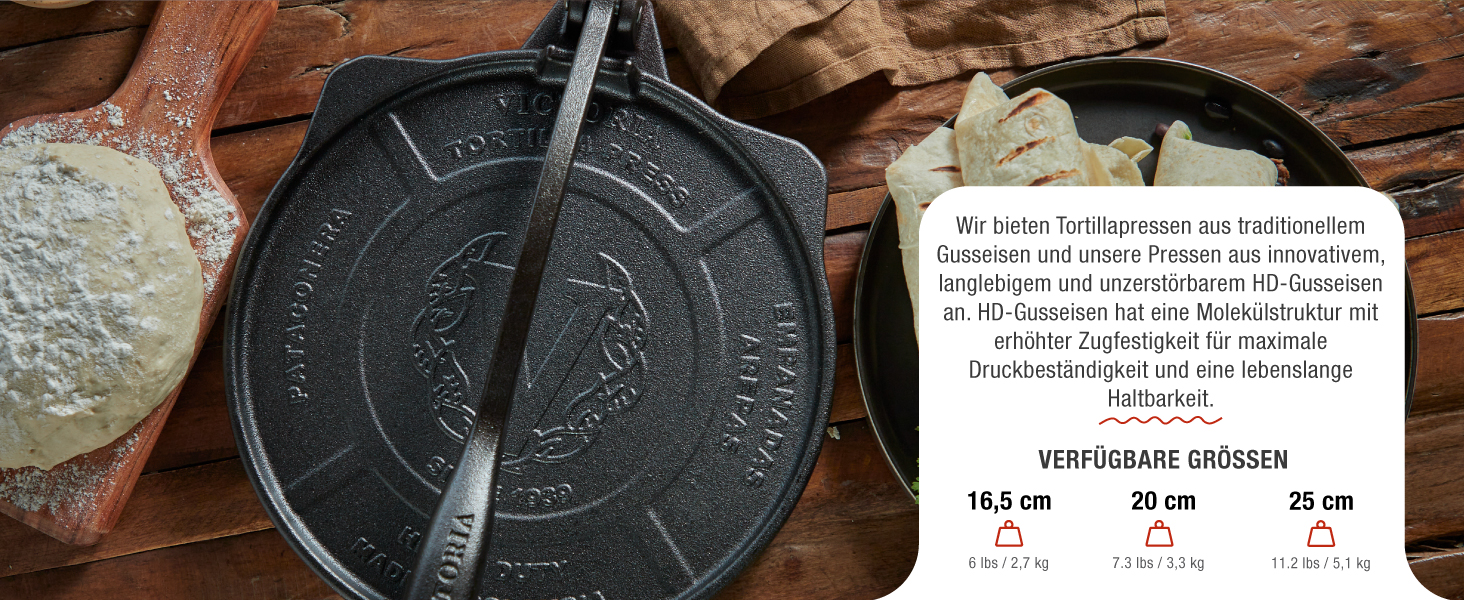 Пресс для тортилій Victoria, чавун HD, 20 см - для мексиканських тортилій, тако, арепа, кесадилья, емпанада, патаконе