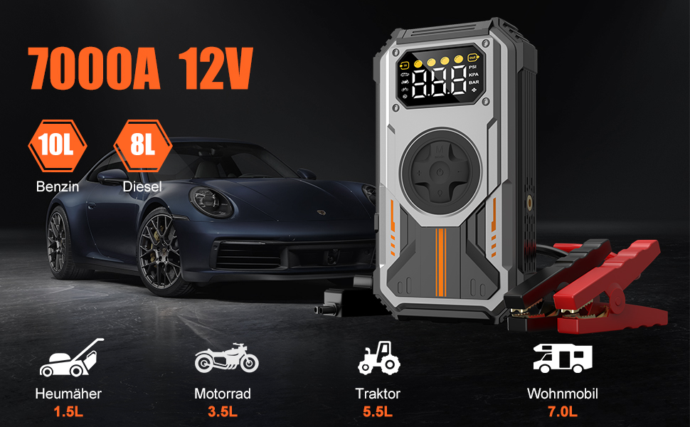 Powerbank для авто 7-в-1: Пускозарядний пристрій 7000A, Компресор 150 PSI, LED Ліхтарик, LCD Дисплей (Бензин до 10л, Дизель до 8л)