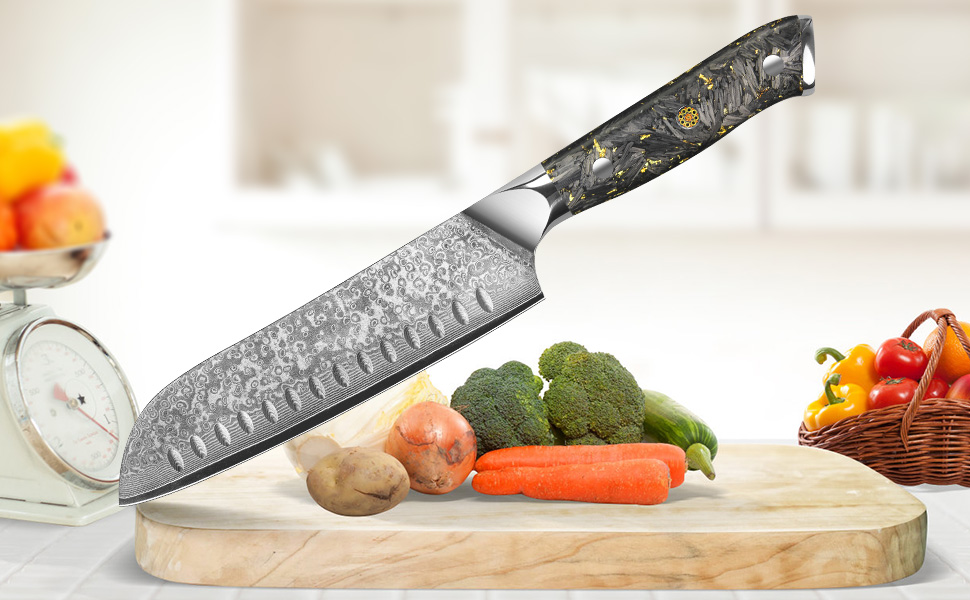 Японський ніж Santoku Kyushublade з дамаської сталі (67 шарів), з унікальною ручкою з карбону та золота, професійний кухонний ніж
