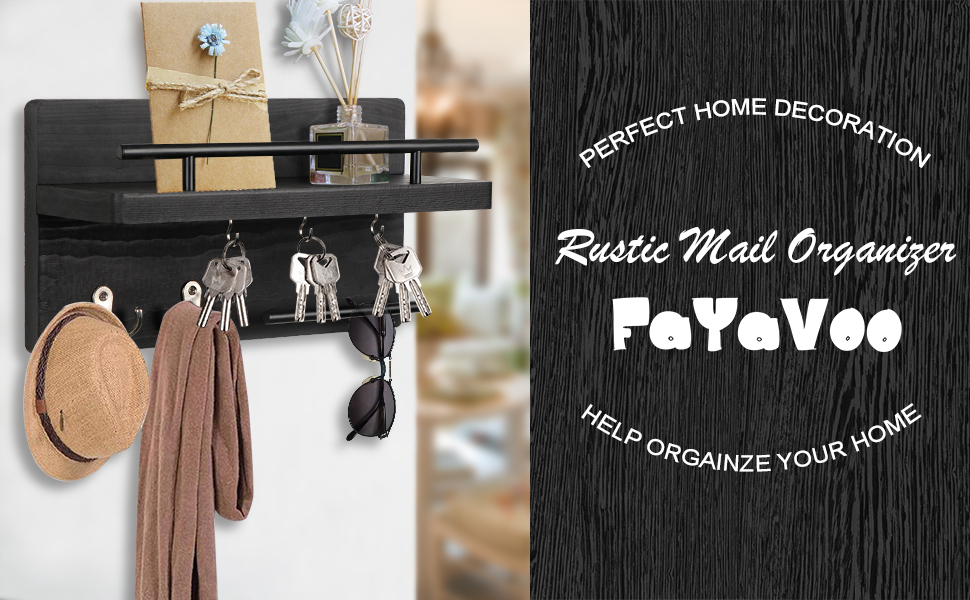 Настінна вішалка для ключів на 5 гачків, дерев'яна дошка для ключів з полицею, настінний органайзер для ключів, рустикальна вішалка для ключів, органайзер для ключів, декор для дому (чорний)