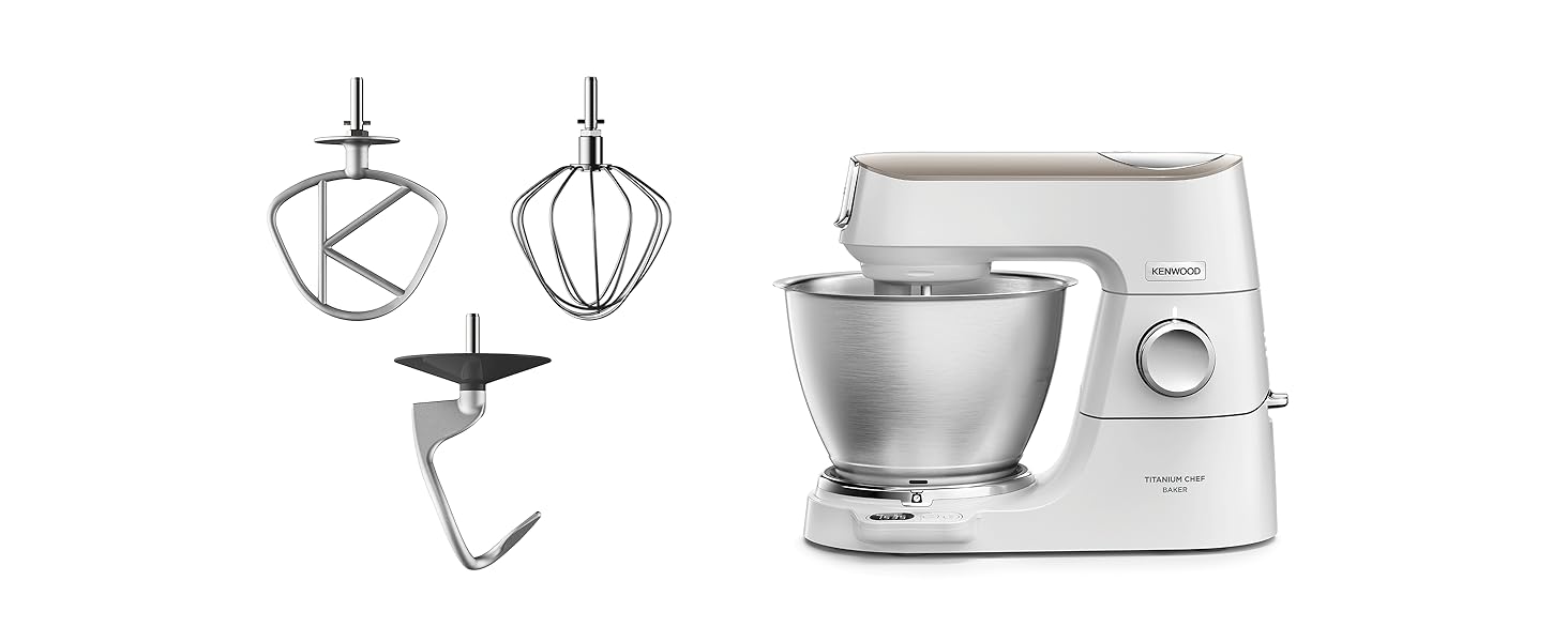 Кухонна машина Kenwood Titanium Chef Baker KVC65.001WH з вбудованими вагами, 1200 Вт, 3 насадки для кондитерських виробів, лопатка та захист від бризок, біла
