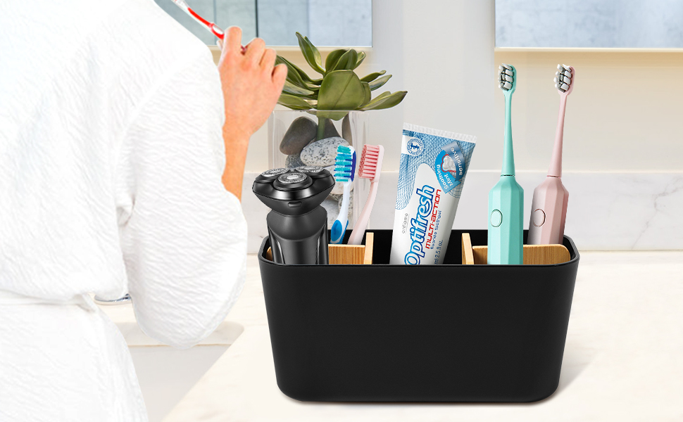 Підставка для зубних щіток з бамбуковими перегородками, органайзер для зубних щіток на 4 відділення + місце для пасти, чорний