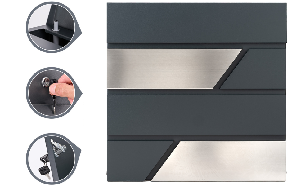 Поштова скринька Verda з газетницею, антрацит RAL 7016, срібло, 37x37x11 см, 2 ключі, комплект для монтажу. Дизайнерська настінна поштова скринька