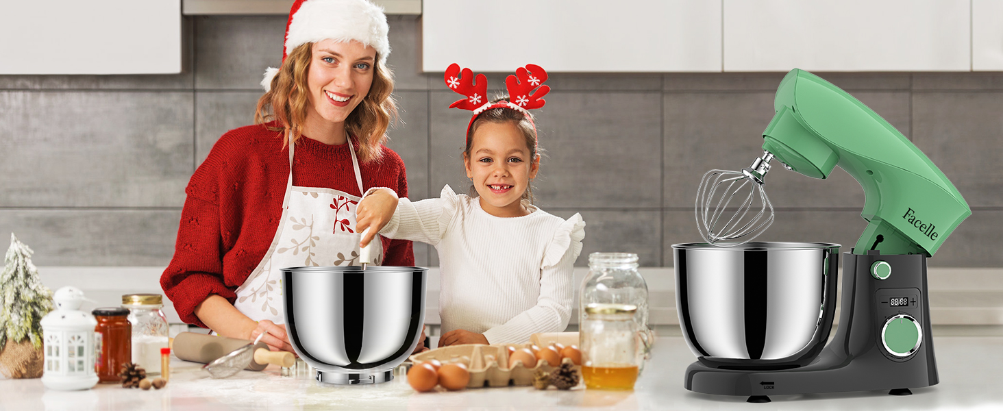Кухонна машина/міксер Facelle 1500W з 5.5L та 4.5L чашами, 10+ програм, тиха робота, з набором насадок (зелено-сірий)