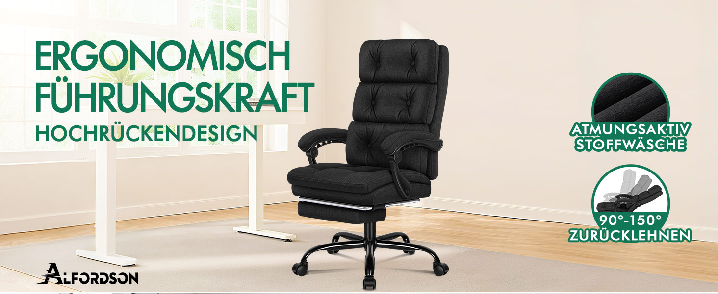 Офісне крісло ALFORDSON з регулюванням нахилу 150°, обертання 360° та підставкою для ніг. PU-шкіра, глянцево-чорний колір (Palmer - Льняний Чорний)