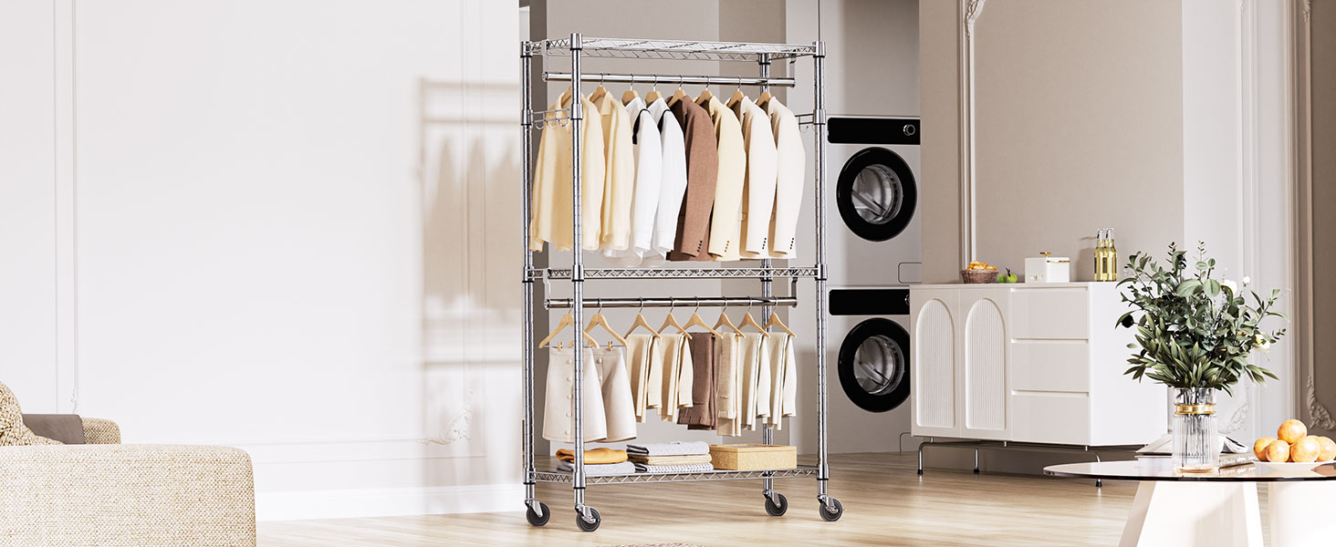 Міцний мобільний вішак для одягу з 3 рівнями, хромований. Штанга подвійна, гачки збоку, 40x75x189.3 см