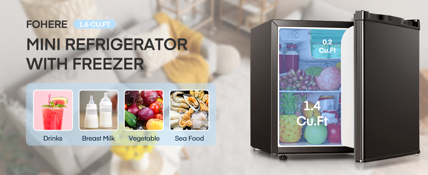 Міні-холодильник 46л з відділенням для льоду, чорного кольору. Енергоефективний, з регулюванням температури та змінним напрямком відкривання дверцят. Ідеально підходить для кухні, офісу, спальні, готелів та невеликих квартир.