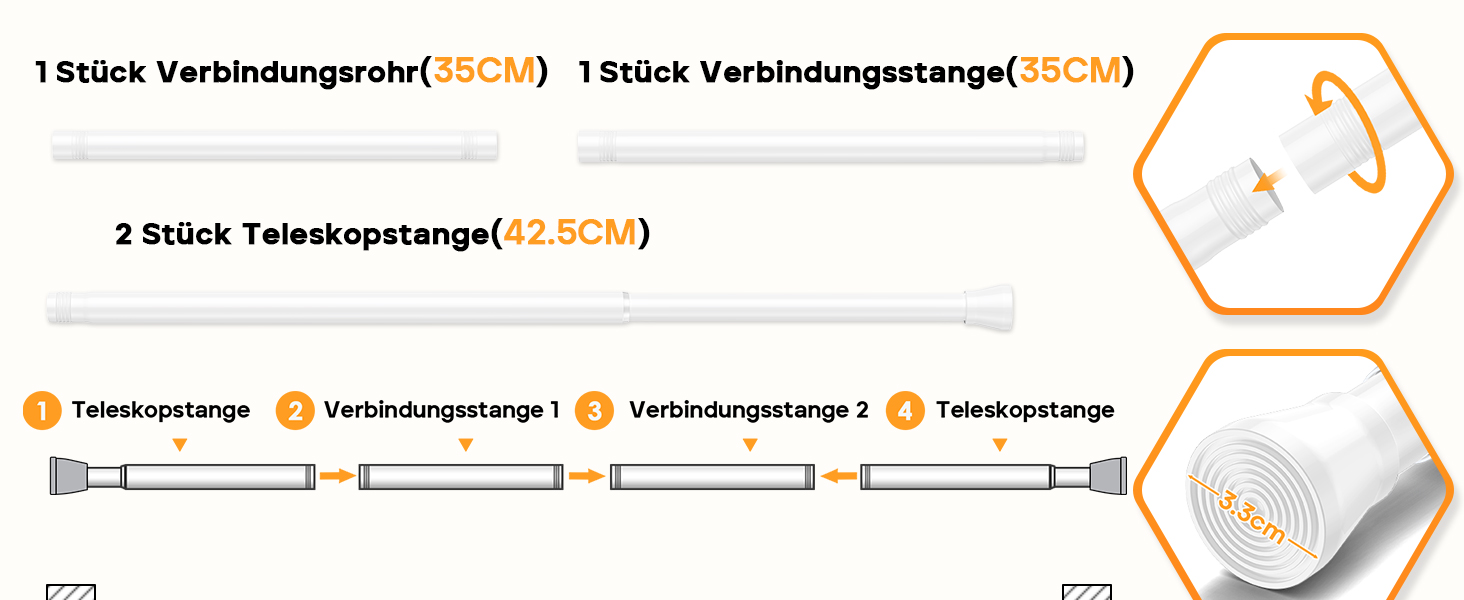 Тelescopic штанга для карнизи без свердління 120-200см - для штор, душових перегородок, вікон, ванної кімнати (1шт, білий)