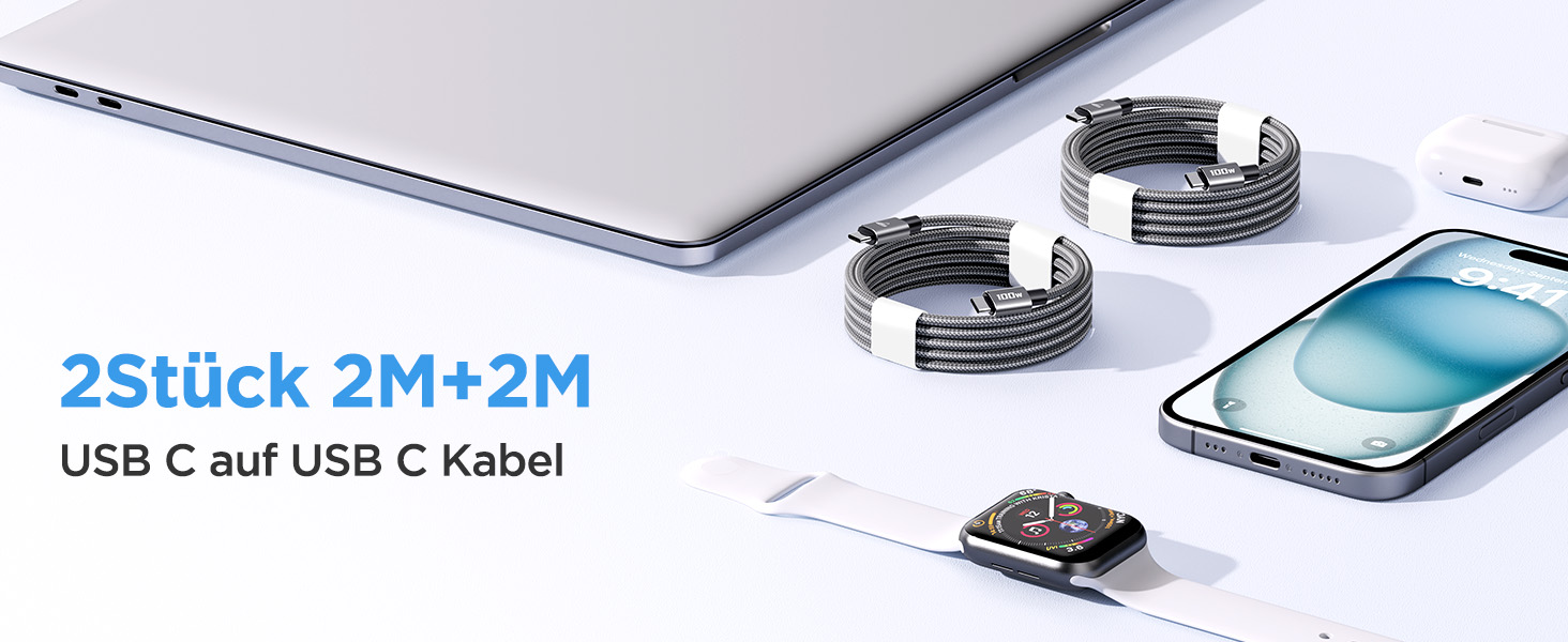 Кабель USB-C на USB-C [2 шт. 2м+2м] 100W, нейлон, сірий. Підтримка швидкої зарядки PD для iPhone, Samsung, iPad, MacBook, Pixel, Switch