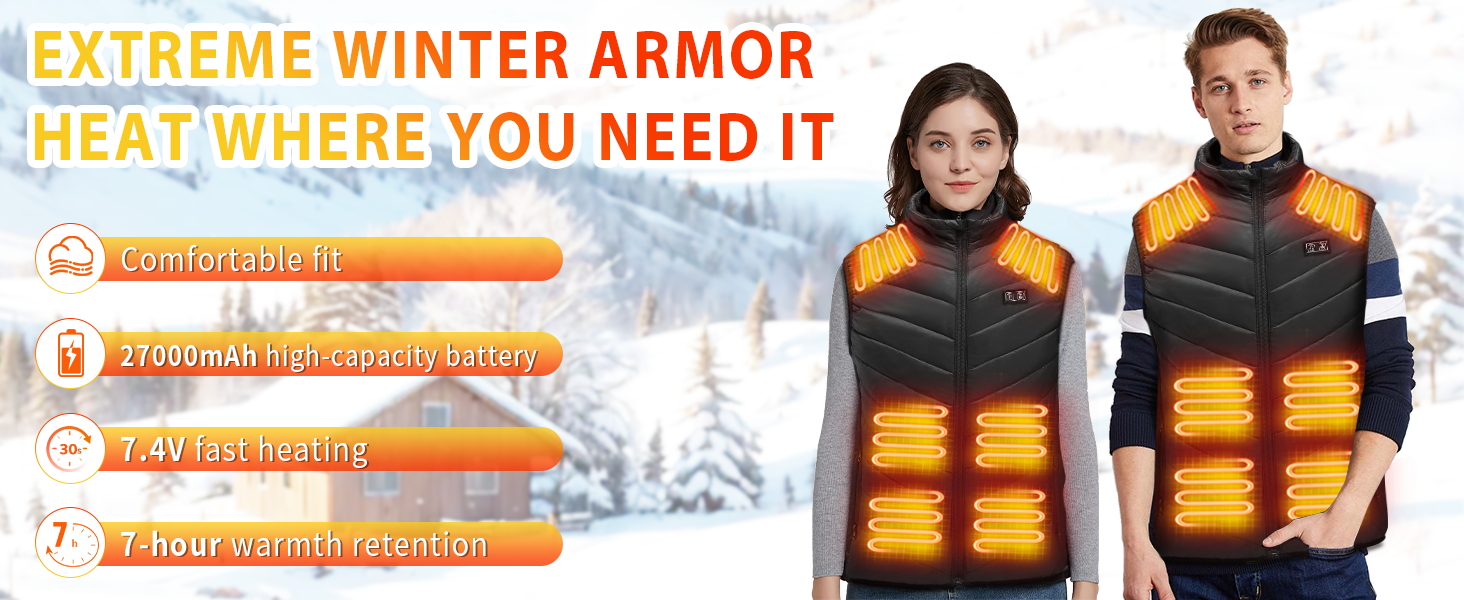 Обігріваюча жилетка для жінок та чоловіків з акумулятором 27000 mAh/7.4V, 17 зон обігріву, 3 режими температури, чорна, M-L