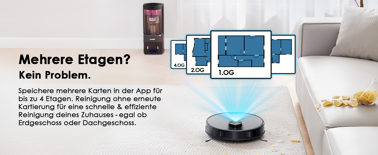 Робот-пилосос EUREKA E10s 2.Gen з вологою тканиною + станція самоочищення (4000Pa, автовизначення килима, підйом мопа, LiDAR-навігація, ідеально проти шерсті тварин, керування через додаток/голос) чорний
