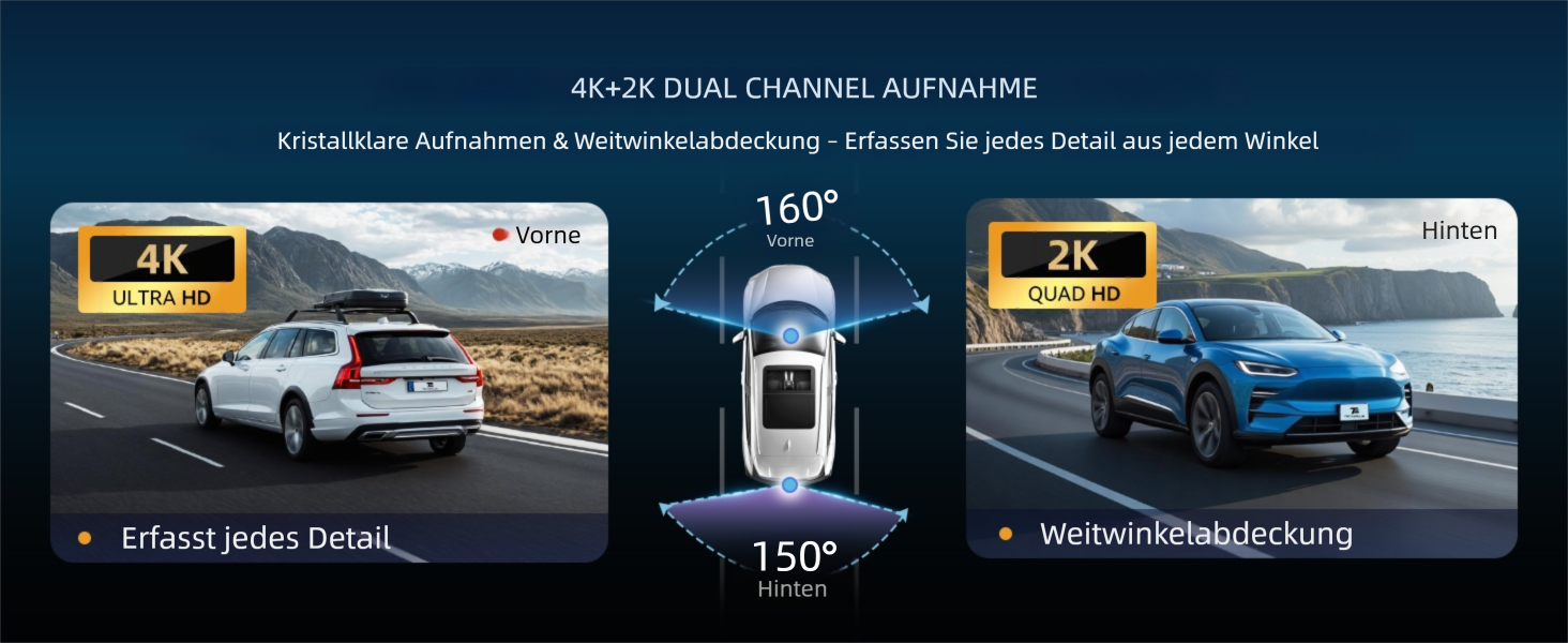 Автомобільний відеореєстратор TECXERLLON 4K Dual Dashcam (передній та задній), нічна зйомка Starlight, GPS, WDR, G-сенсор, режим паркування 24г, кут 160°/150°, карта пам'яті 64ГБ у комплекті