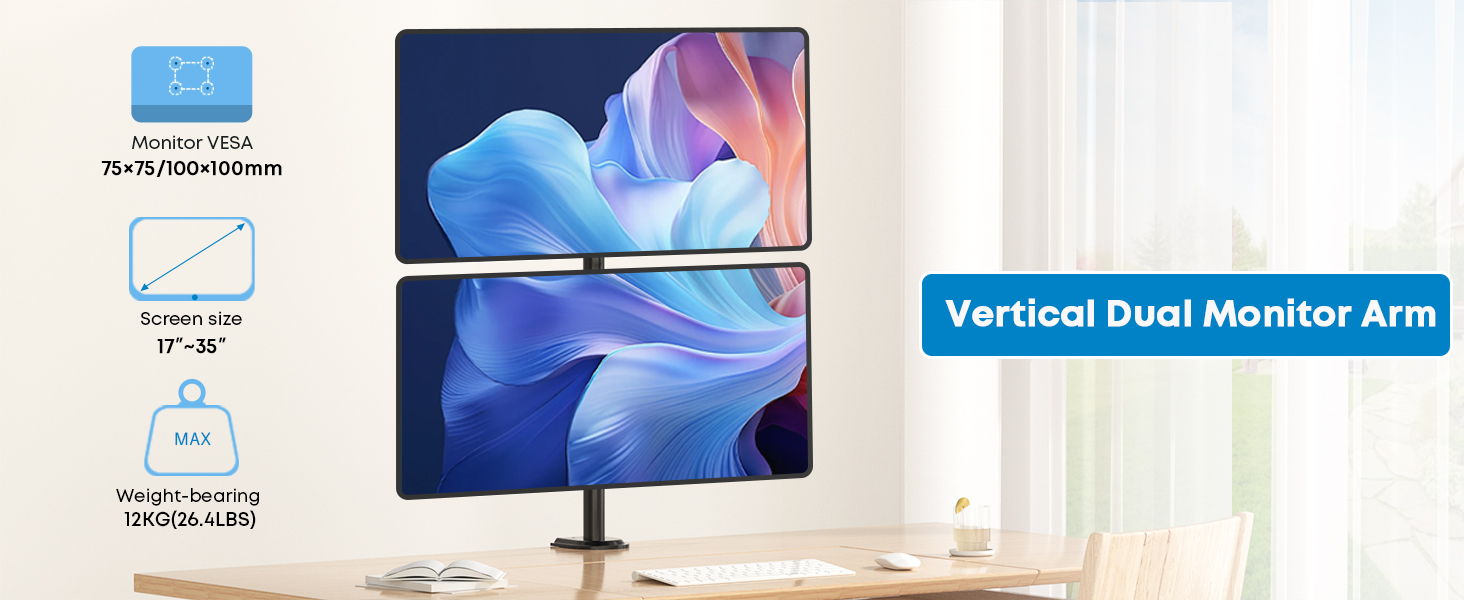 Кріплення для моніторів WORLDLIFT: 2 монітори один над одним, 17-35 дюймів, до 12 кг, регулювання висоти, VESA 75/100