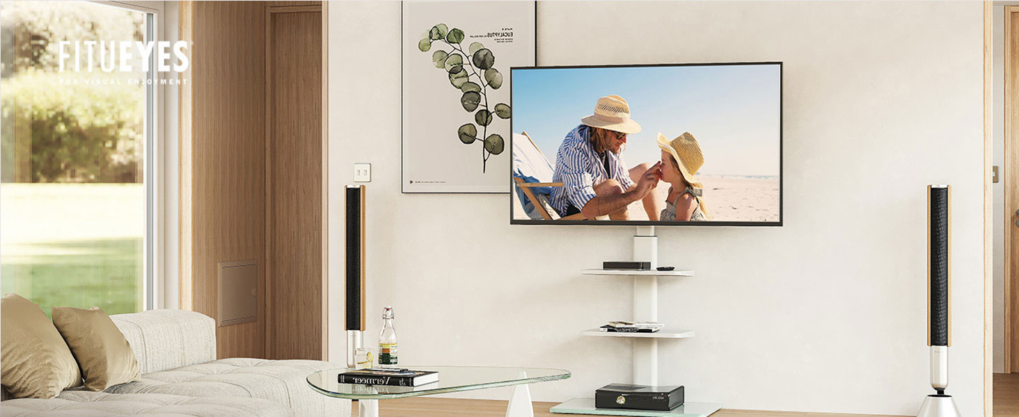 Підставка для телевізора FITUEYES біла, на підлогу, поворотна, регульована по висоті, для телевізорів 32-60 дюймів (плоских та curved), до 30 кг, VESA 600x400