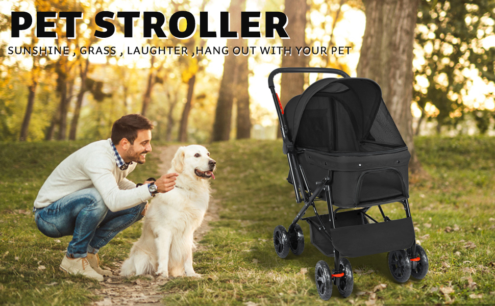 Візок для собак Wedyvko до 20 кг, 4 колеса, складаний, для маленьких та середніх собак та котів, з кошиком та тримачем для напоїв, чорний