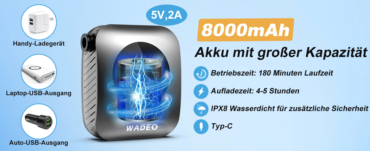 Портативний душ WADEO для кемпінгу з акумулятором 8000mAh, насосом і душовою лійкою, мобільний душ для подорожей, саду, авто, сріблястий