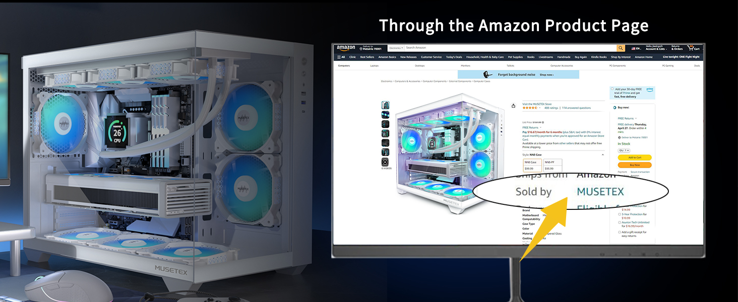 Корпус ПК ATX MUSETEX Y6 з 6 PWM ARGB вентиляторами, підтримка 360мм радіатора, Type-C, скляна панель 270°, білий