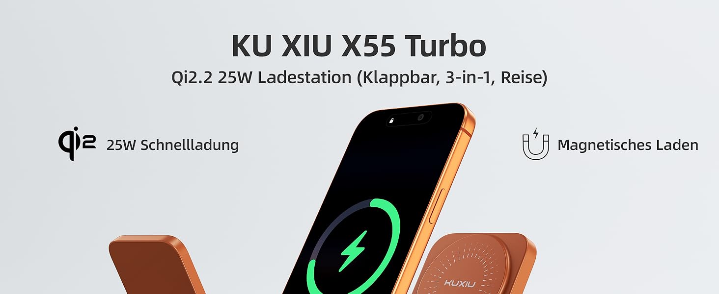 Зарядний пристрій KU XIU X55 Turbo Qi2.2 25W Magsafe 3-в-1: для Apple Watch, iPhone 17-12 та AirPods, помаранчевий