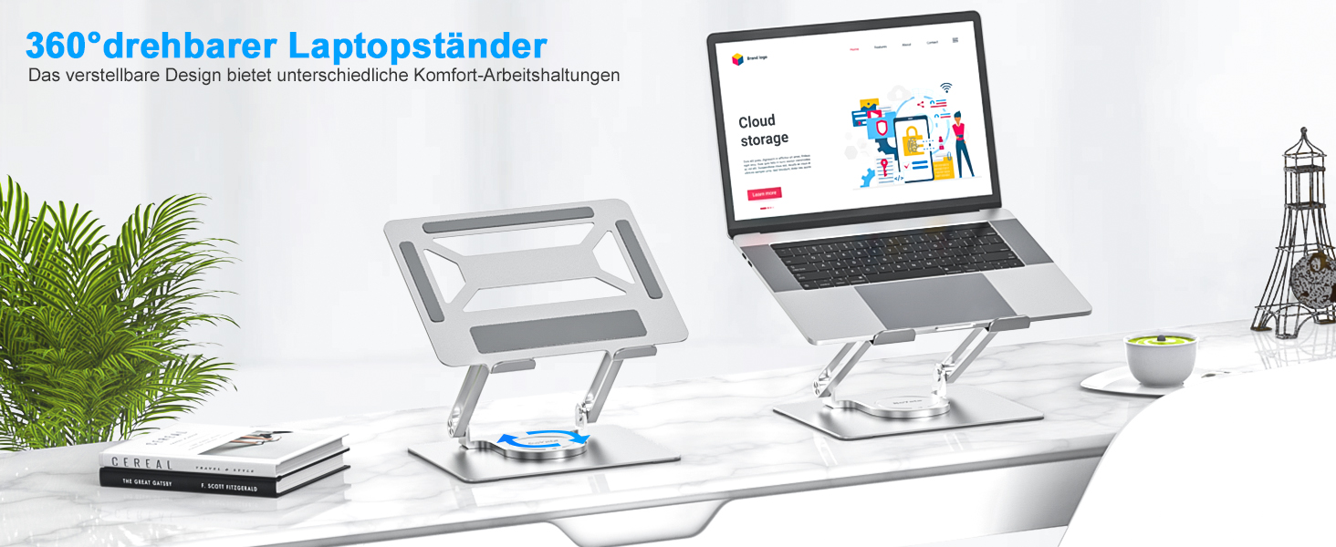 Adjustable Laptop Stand for Desk - 360° Rotating Base, Ergonomic Foldable Riser - Compatible with MacBook Pro/Air & Laptops up to 17 inch - Silver