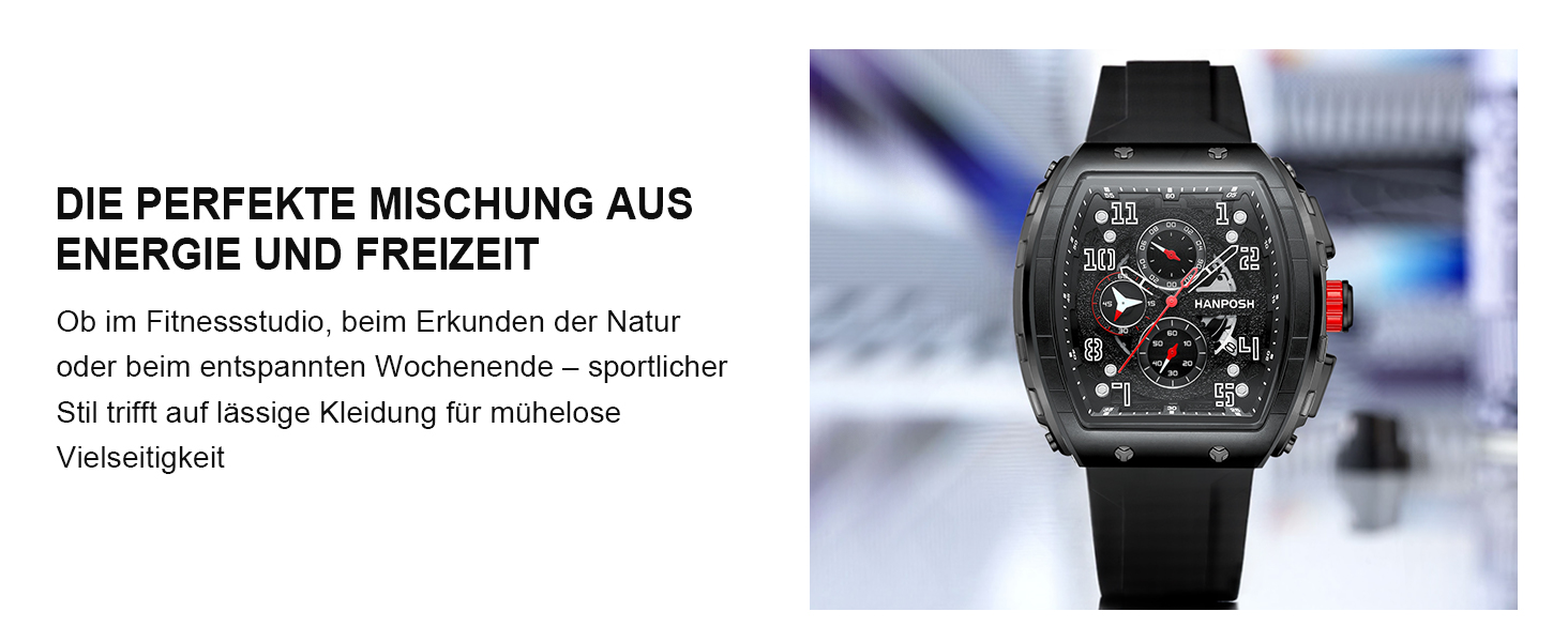 HANPOSH Чоловічий годинник: аналоговий кварцовий годинник з водозахистом, спортивний стиль, тактичний дизайн (чорний)