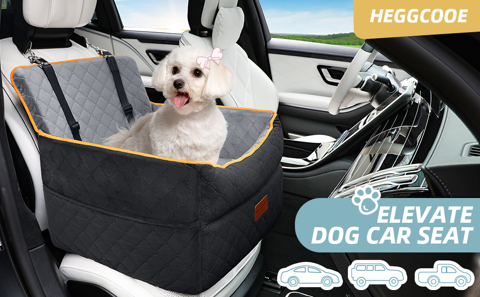 Washable Dog Car Seat for Small to Medium Dogs with Leash & Storage Pockets - Thickened Elevated Dog Bed for Back or Front Seat - Black