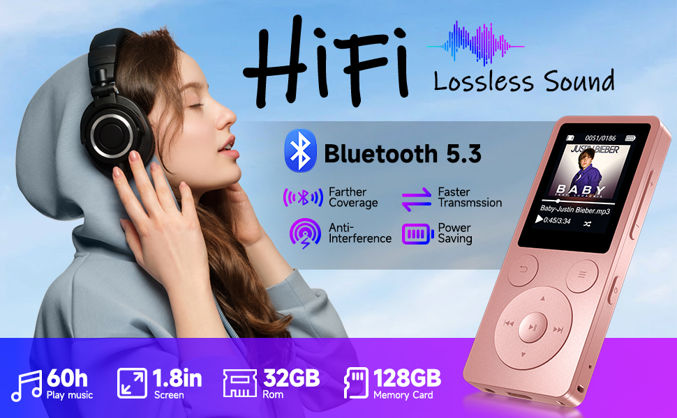 MP3 плеєр 32GB з Bluetooth 5.3 та вбудованим динаміком, FM-радіо, диктофон, HiFi-звук, розширювач пам'яті до 128GB, рожевий