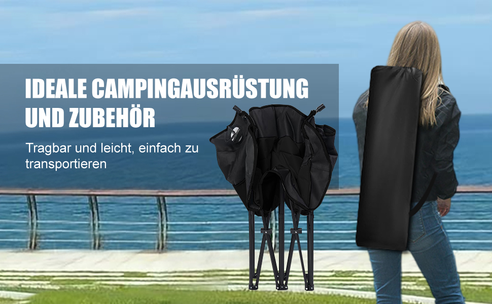 Кампанінг стілець подвійний великий, м'який, з підсклянником, складаний для 2 осіб, чорно-білий