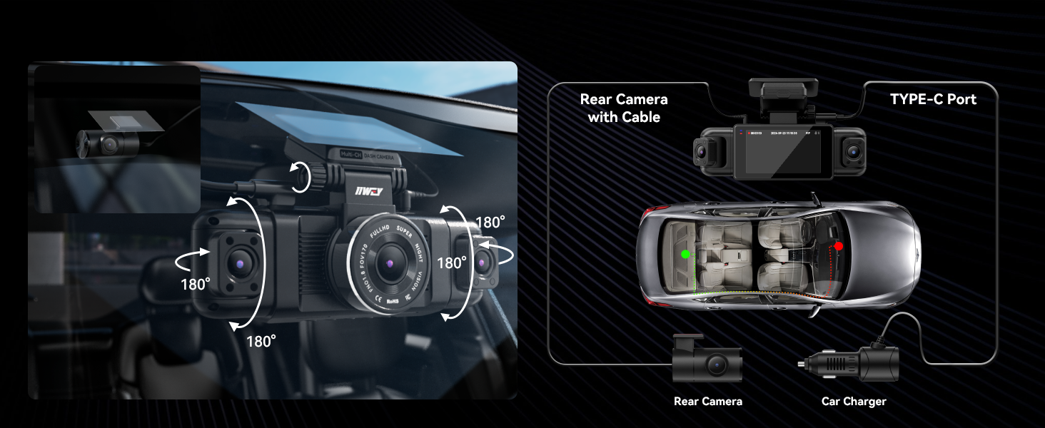 Автомобільний відеореєстратор IIWEY N5 4-канальний 360° 1080P (передній, задній, внутрішній, бічні камери) з нічним баченням, G-сенсором, режимом паркування, 5G Wi-Fi та SD-картою 128ГБ