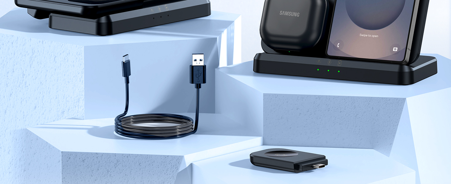 Бездротова зарядка EGV 3-в-1 для Samsung Galaxy S25 Ultra/S24/S23, Z Fold/Flip 7/6, Buds, Watch Ultra/8/7, знімний адаптер, чорний