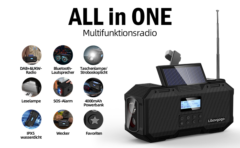 Портативне радіо Libovgogo DF-588D DAB+ FM з Bluetooth, водонепроникний корпус, сонячна панель, Powerbank 4000mAh, ліхтарик, стробоскоп, нічник, будильник