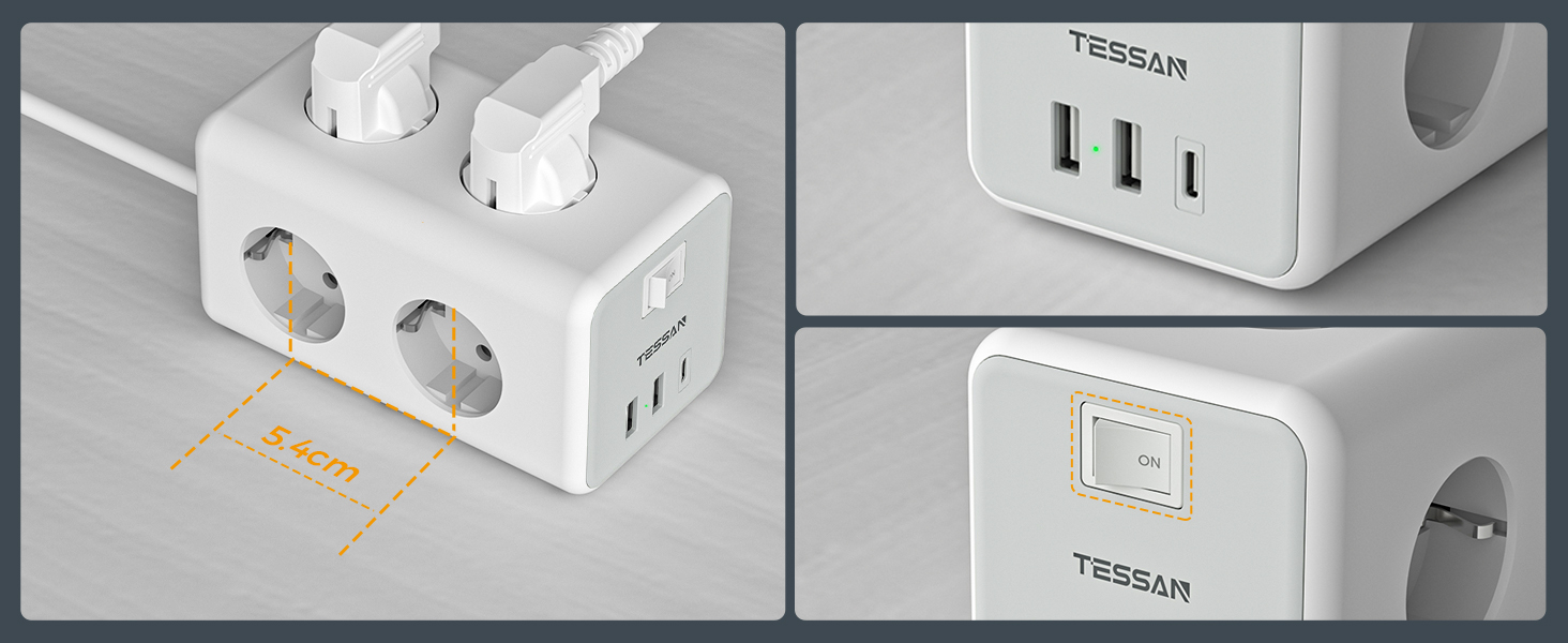 Мережевий фільтр TESSAN 6-fach з USB-C, 9 в 1 з вимикачем, 2 метри кабелю для дому та офісу