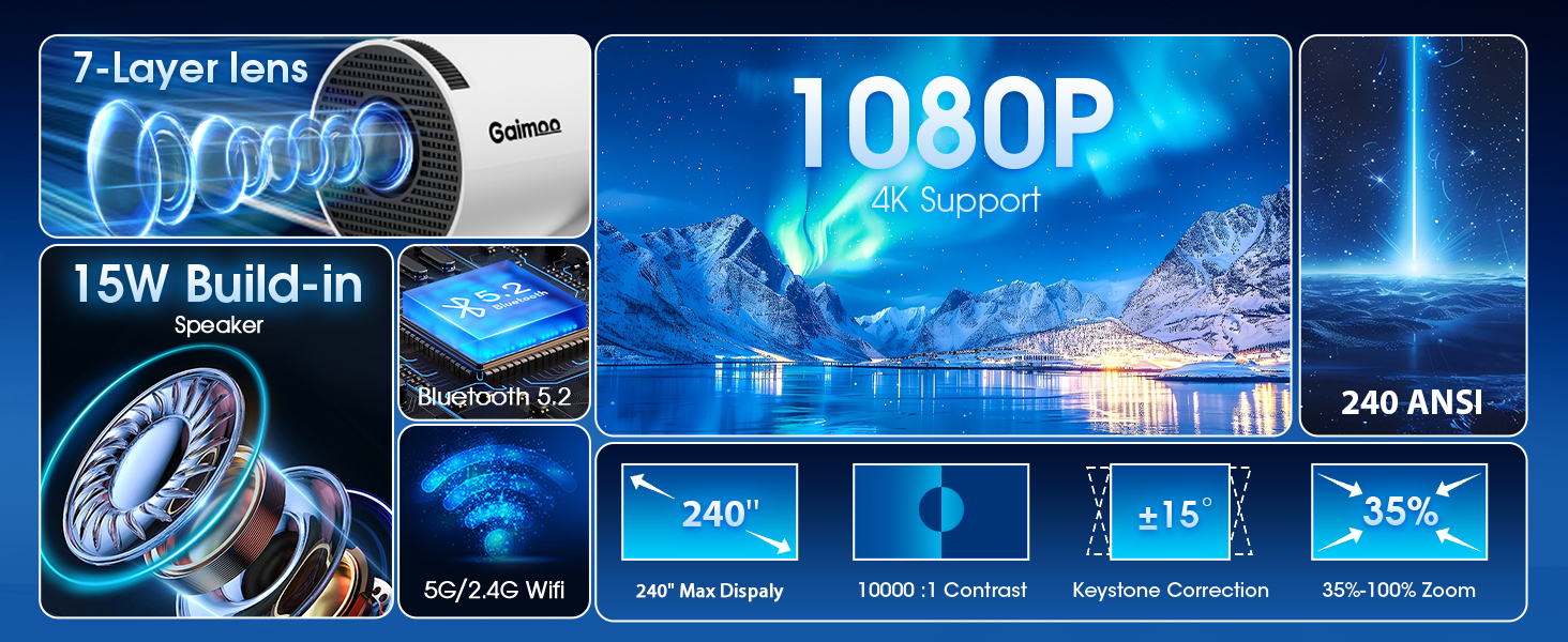 Портативний проєктор Mini Beamer 4K FHD 1080P з підтримкою WiFi та Bluetooth, Android/iOS, для домашнього кінотеатру