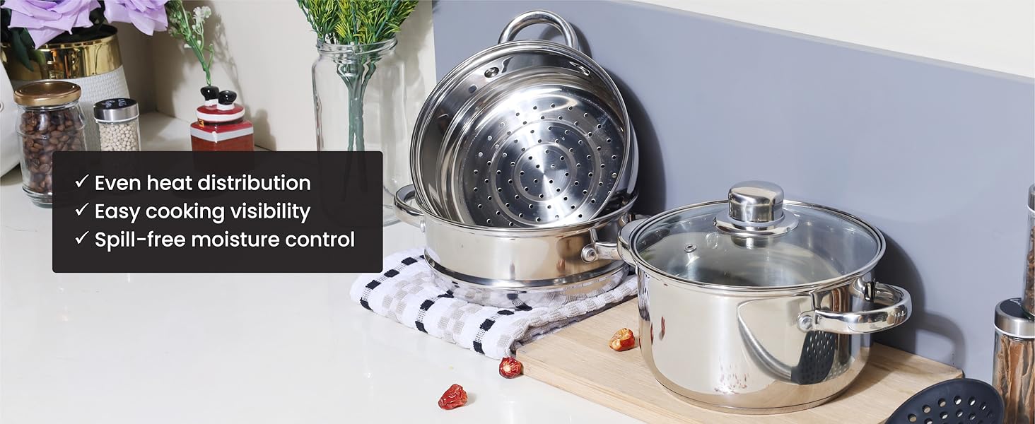 Паровий горщик Buckingham на 3 яруси зі скляною кришкою, 18 см