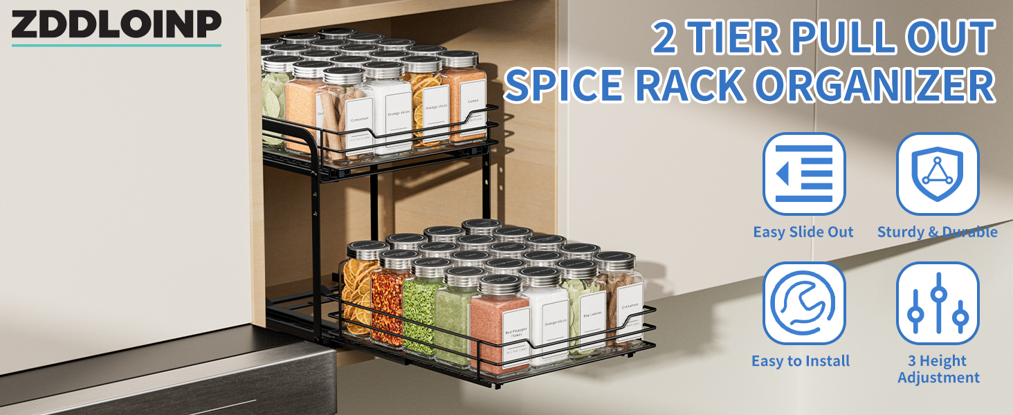 Висувна полиця для спецій у шафу, 2 яруси, регульована висота, чорний колір, органайзер для спецій, органайзер для кухні, розмір 23.8x26.4x23 см