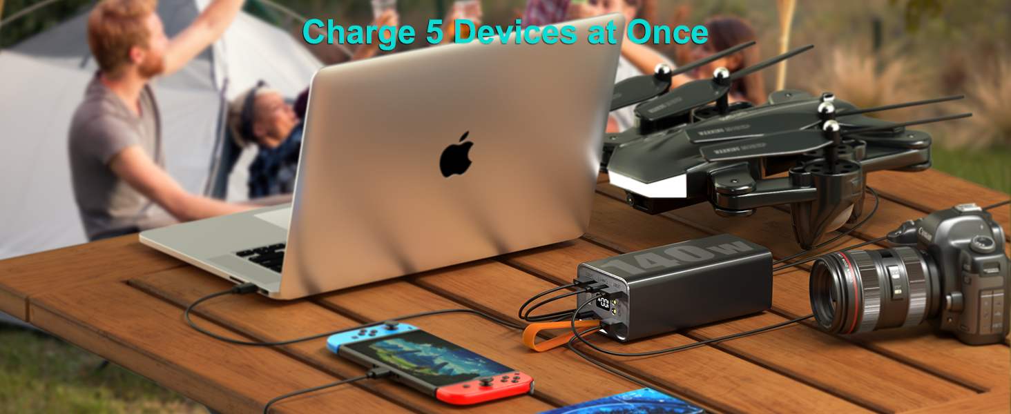 Портативний зарядний акумулятор для ноутбука 140W, 70000mAh, USB C, 5 портів, Digitaldisplay, ліхтарик, для смартфонів та MacBook, чорний