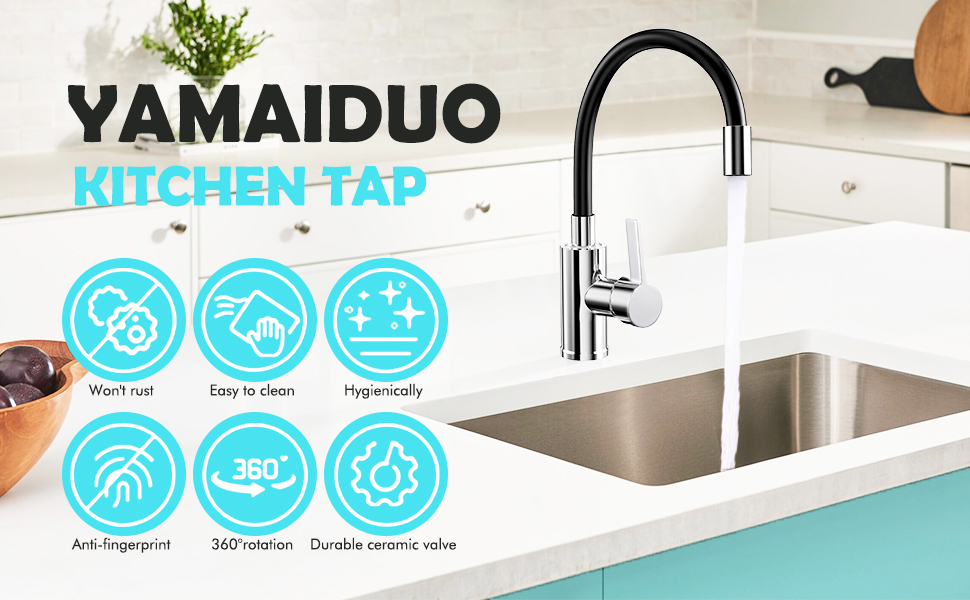 Чорний кухонний змішувач з гнучким виливом, 360° поворот, однорідний, з економічним аератором, нержавіюча сталь