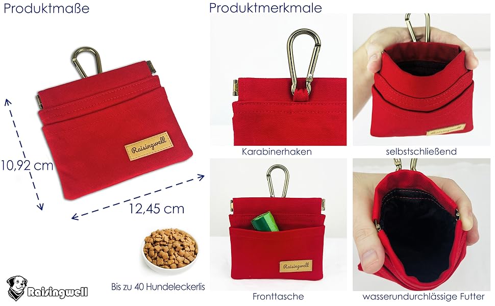 Сумка для корму для собак Leckerlibeutel – зручна для прогулянок, з міцної бавовни, з карабіном та самозакривною застібкою, ідеальна для подорожей та активного відпочинку (червона)