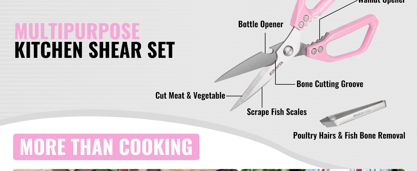 Набір кухонних ножиць 5-в-1 з пінцетом, кухонні ножиці з титановим покриттям, нержавіюча сталь, придатні для миття в посудомийній машині, універсальні ножиці для кухні, птиці, риби, м'яса (рожеві)