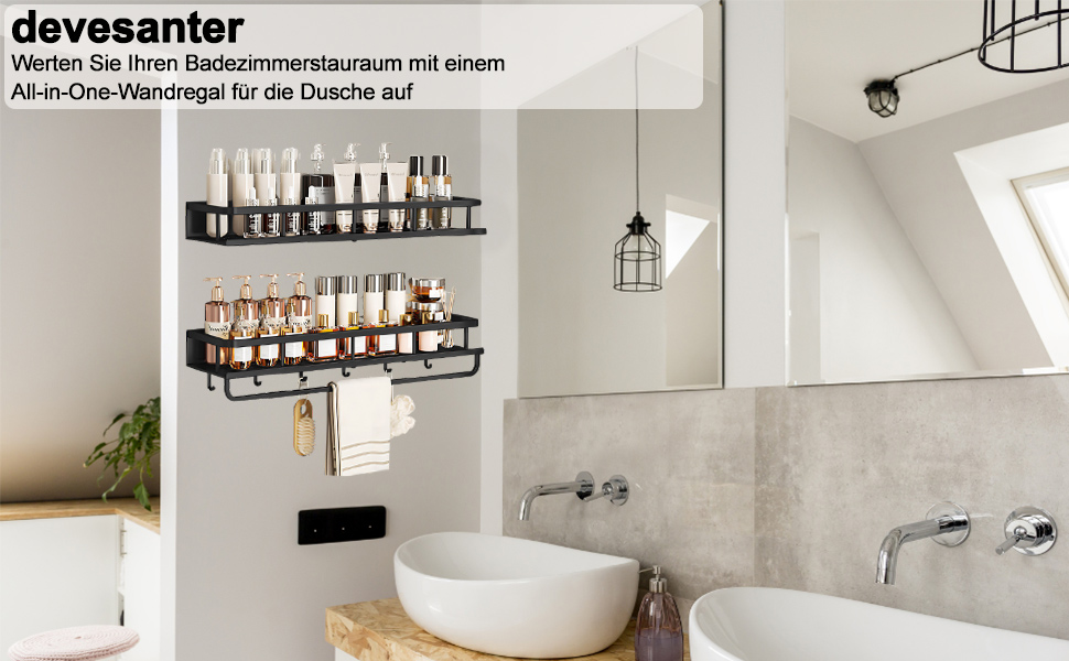 Поличка для душу Devesanter без свердління, 2 шт., 60 см, органайзер для шампуню та мила з тримачем для рушників та 6 гачками, для ванної кімнати, спальні, кухні, чорний