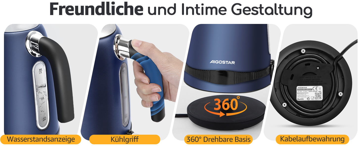 Електричний чайник Aigostar з регулюванням температури, 1,7 л, ретро-дизайн, матове покриття, цифровий дисплей, функція підтримки тепла, без пластику всередині, BPA-free (темно-синій)