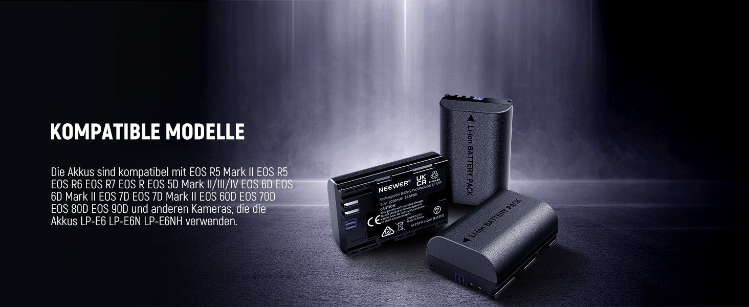 NEEWER LP-E6NH Запасний акумулятор та зарядний пристрій USB, 3 шт. 2250mAh для Canon EOS R7 R5 R6 R6 II R, 5DIV, 6DII, 7DII, 80D, 90D