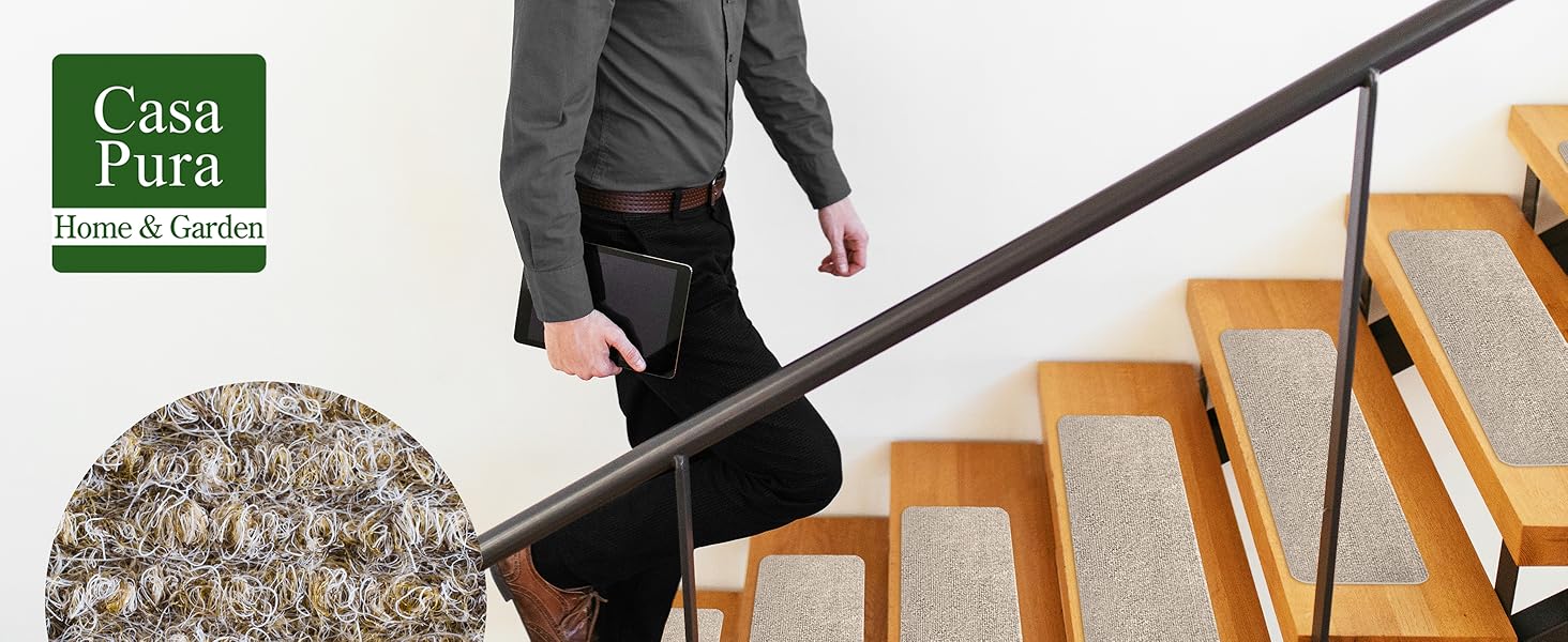 Casa Pura Non-Slip Stair Treads - 15 Piece Set - Adhesive Backed, Round Edge - Indoor Stair Carpet - Anthracite Grey