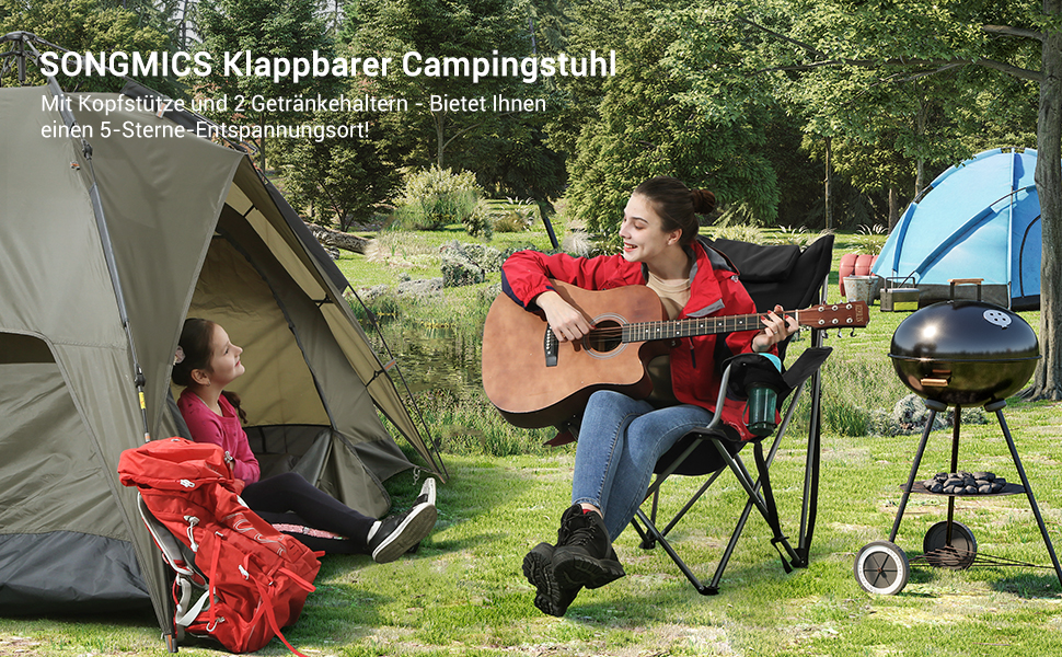 Кемпінговий стілець SONGMICS зі спинкою та підлокітниками, чорний, до 150 кг