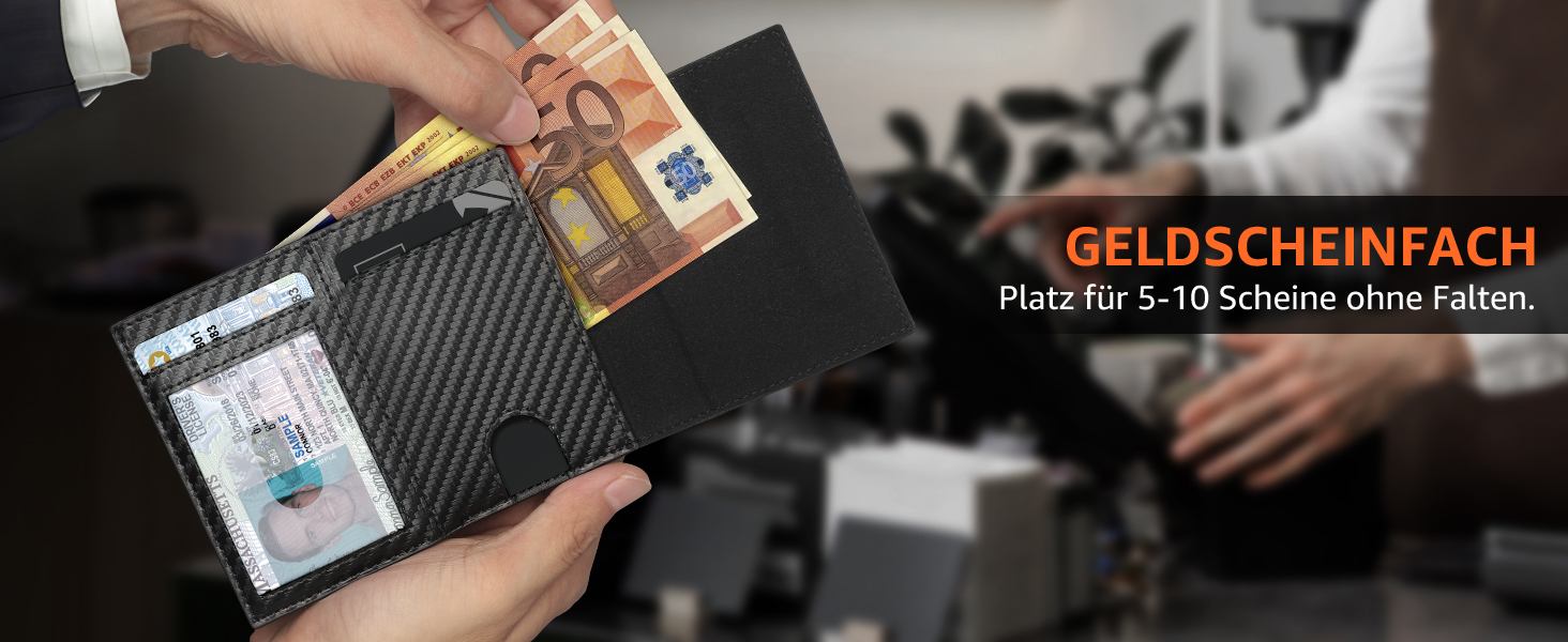 Чоловічий гаманець з RFID-захистом – портмоне з карбонової шкіри, 8 відділень для карток, віконце для ID, монетниця, кишеня для грошей, з подарунковою коробкою, чорно-помаранчевий