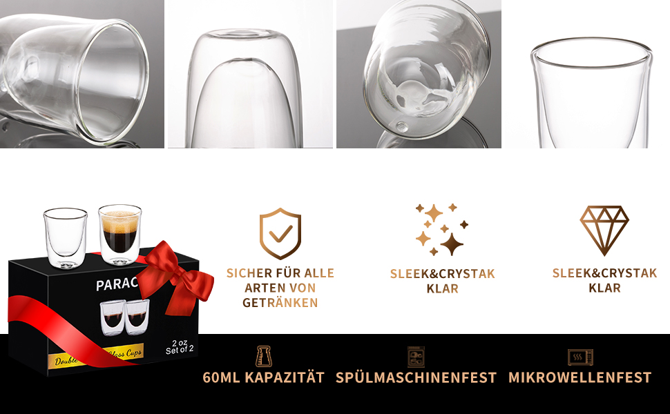 Набір чашок для еспресо ParaCity (2 шт.), скляні чашки для лате макіато 180 мл, з подвійними стінками та ручками, прозорі чашки для капучино, для подорожей та кемпінгу, підійдуть для кави, чаю та лате