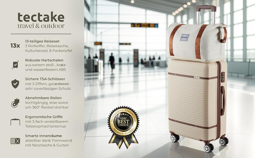 Набір валіз Tectake® 13 предметів: валіза, сумка, ролери, 3 великі валізи з TSA замком (кремовий)