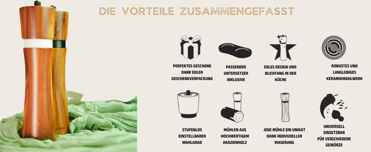 Набір для перцю та солі BAMBUNA з акацієвого дерева - 5 шт. з регульованою керамічною жорна - ручна млинка з підставкою та ложкою - Made in Germany