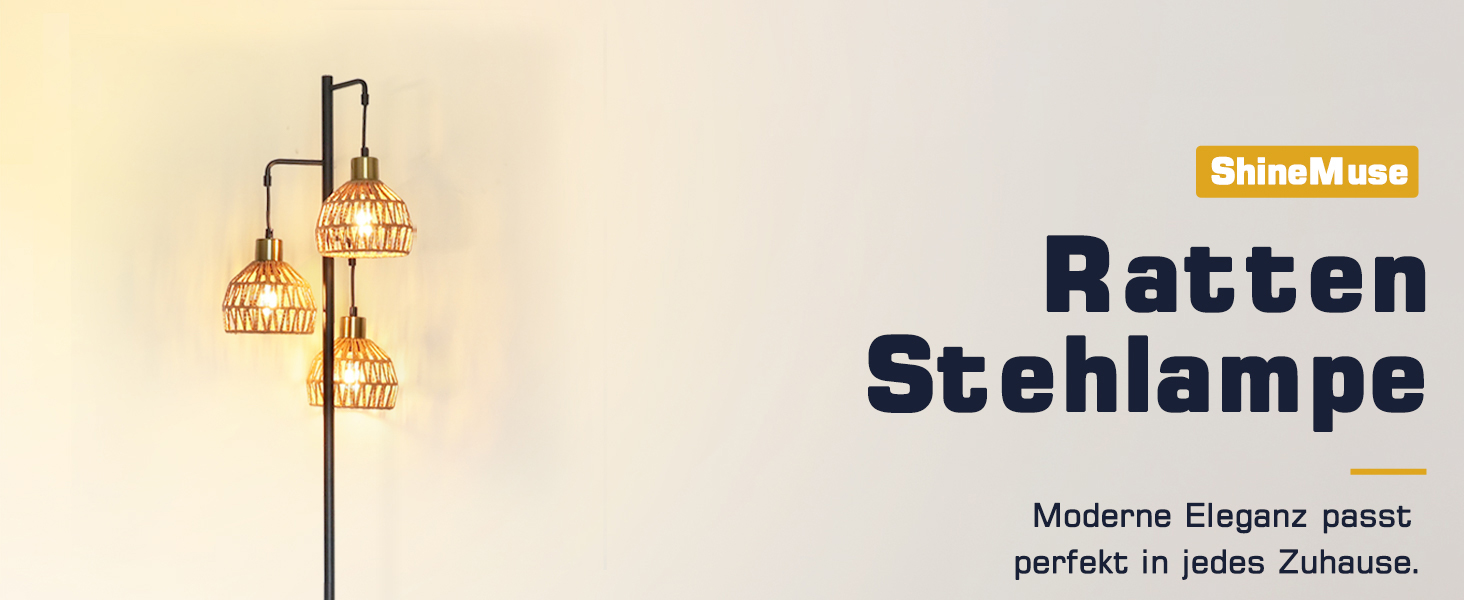 Стійка лампа ShineMuse Boho з ротангу, чорна, вінтаж, 170 см, 3 E27, LED, диммер, для вітальні