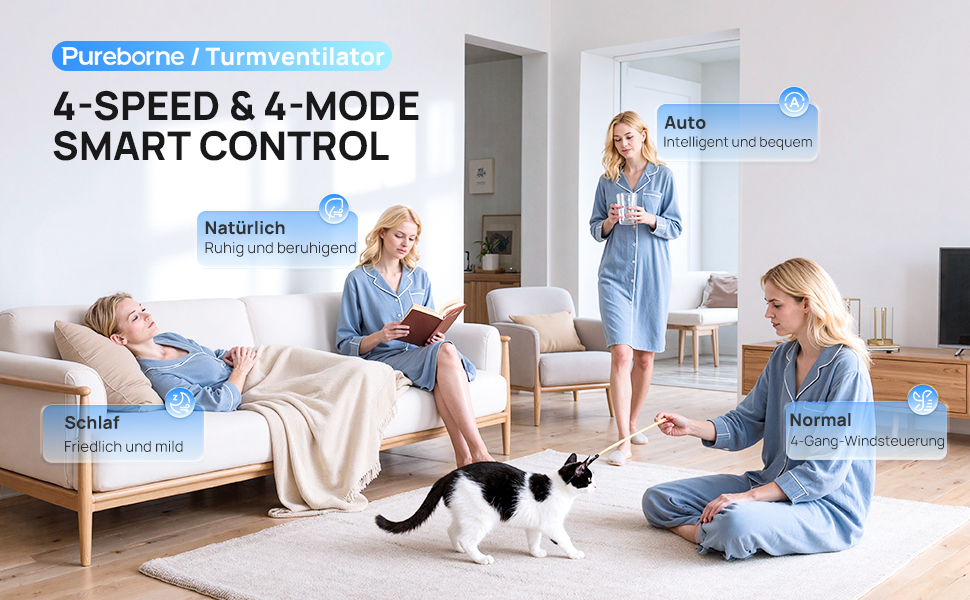 Вентилятор Pureborne Leiser: Турбо-вентилятор з осциляцією 90°, Wi-Fi, пульт, 4 режими, таймер 12 год, чорний, 102 см