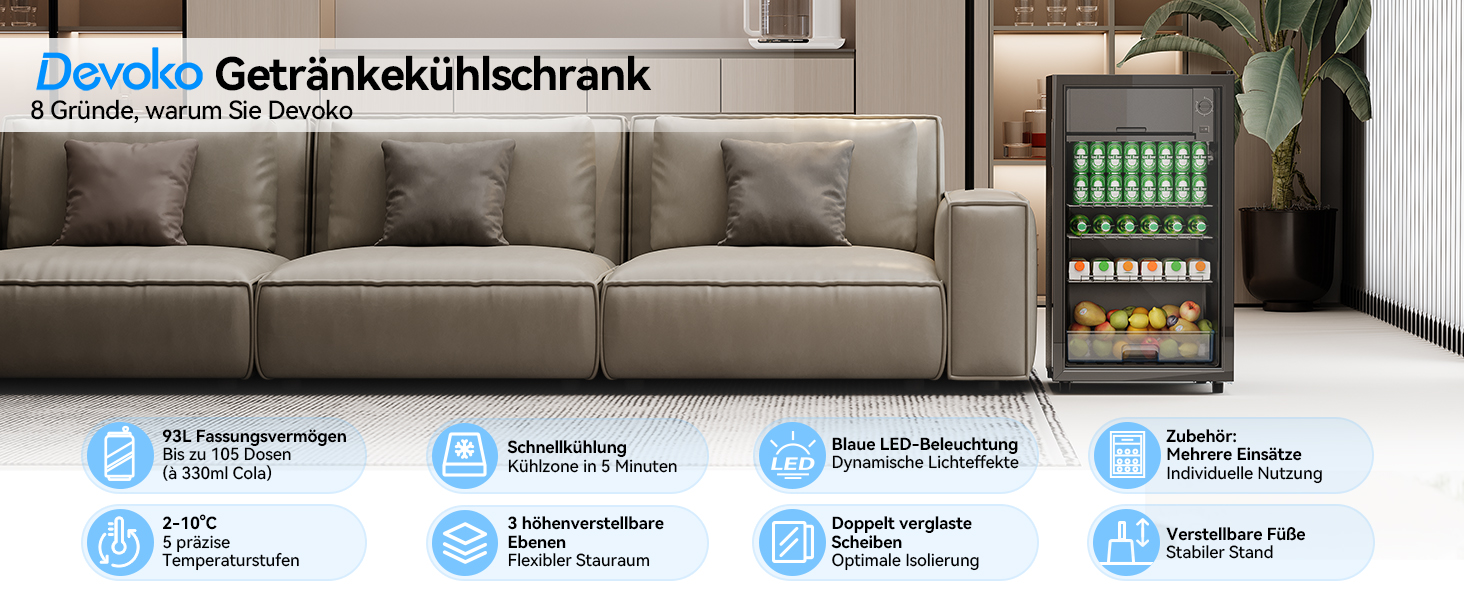 Холодильник для напоїв Devoko 93L з скляними дверцятами та LED-підсвіткою. Регульовані полиці для колі, пива та вина. Чорний колір, ідеально для дому та офісу.